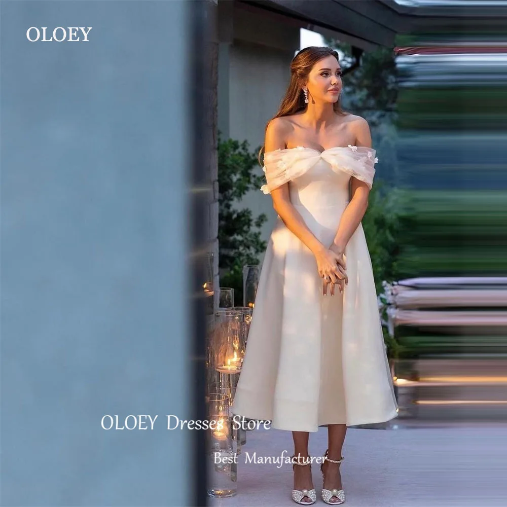 Oloey Elegante A Lijn Trouwjurken Thee Lengte Off Shoulder Tule Bruidsjurken Vintage Formele Feestjurk Robe De Mariage