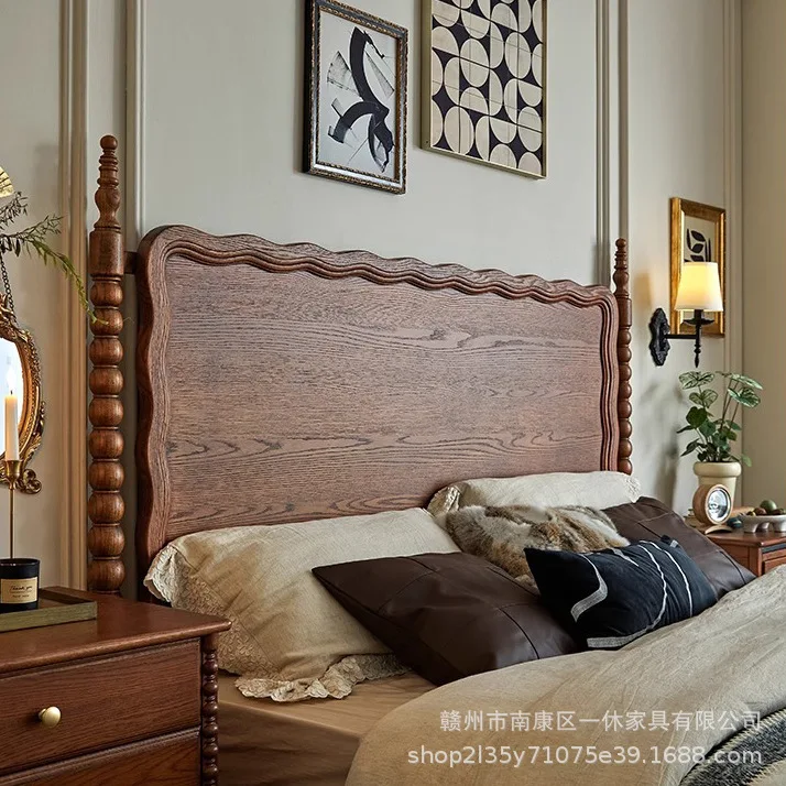 French retro red oak full solid wood bed master bedroom double 1.8 meters solid wood bed American retro wave bed