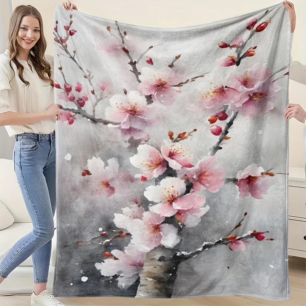 Cherry Blossom Flower Pattern Throw Blanket Watercolor Design for Bedroom Decor Gift for Her SpringHomeStyle