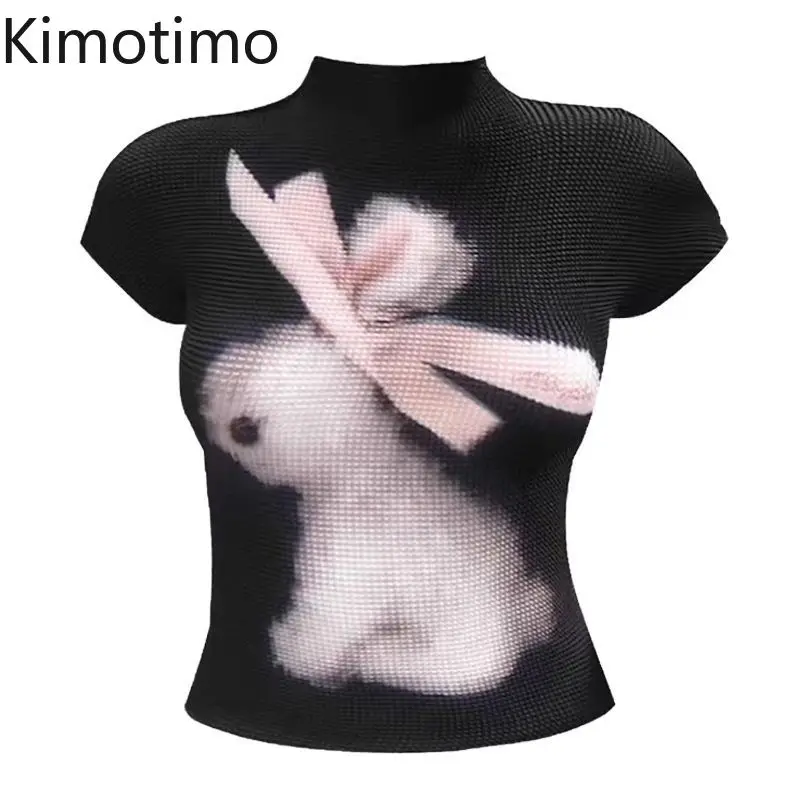 Kimotimo Cute Rabbit Printed Folds T-shirt Women Vintage Half High Collar Slim Short Sleeve Tees Fashion Spicy Girl Y2k Crop Top