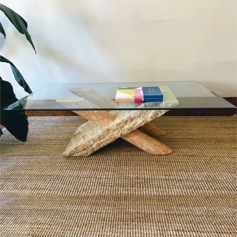 HGNatural Travertine Coffee Table Modern Tempered Glass Square Tea Table Nordic MarblY e Coffee Table