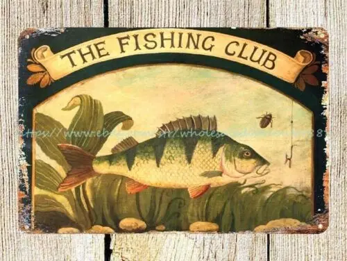 home decor ideas Decoupage Perch retro Fishing metal tin sign