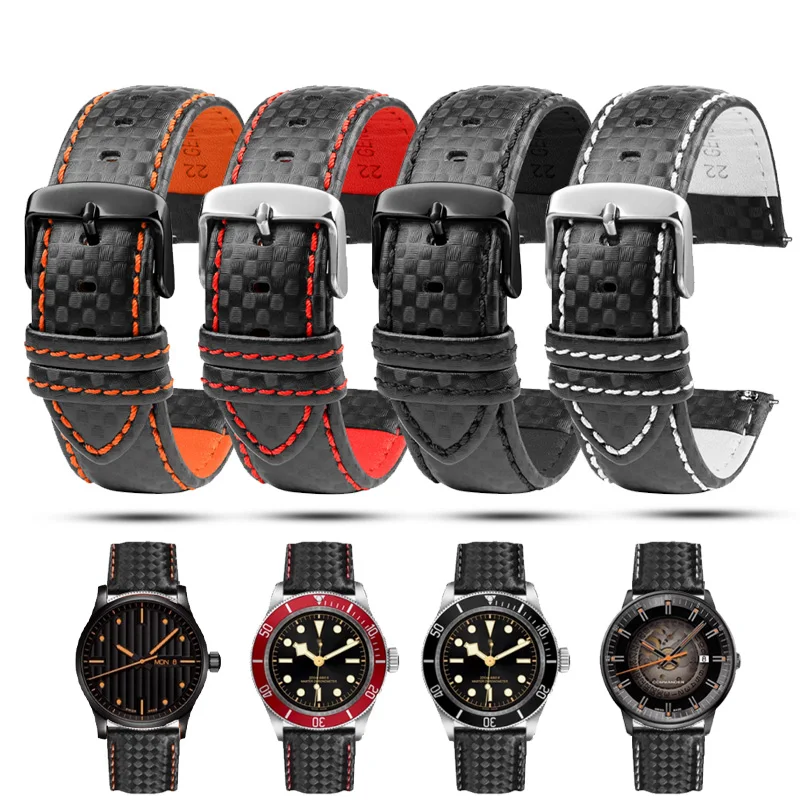 Pour TAG HEUER Omega Seiko 5 Casio Bracelet en Fiber de carbone motif Bracelet de montre en cuir Bracelet de montre Bracelet à dégagement rapide 20mm 22mm