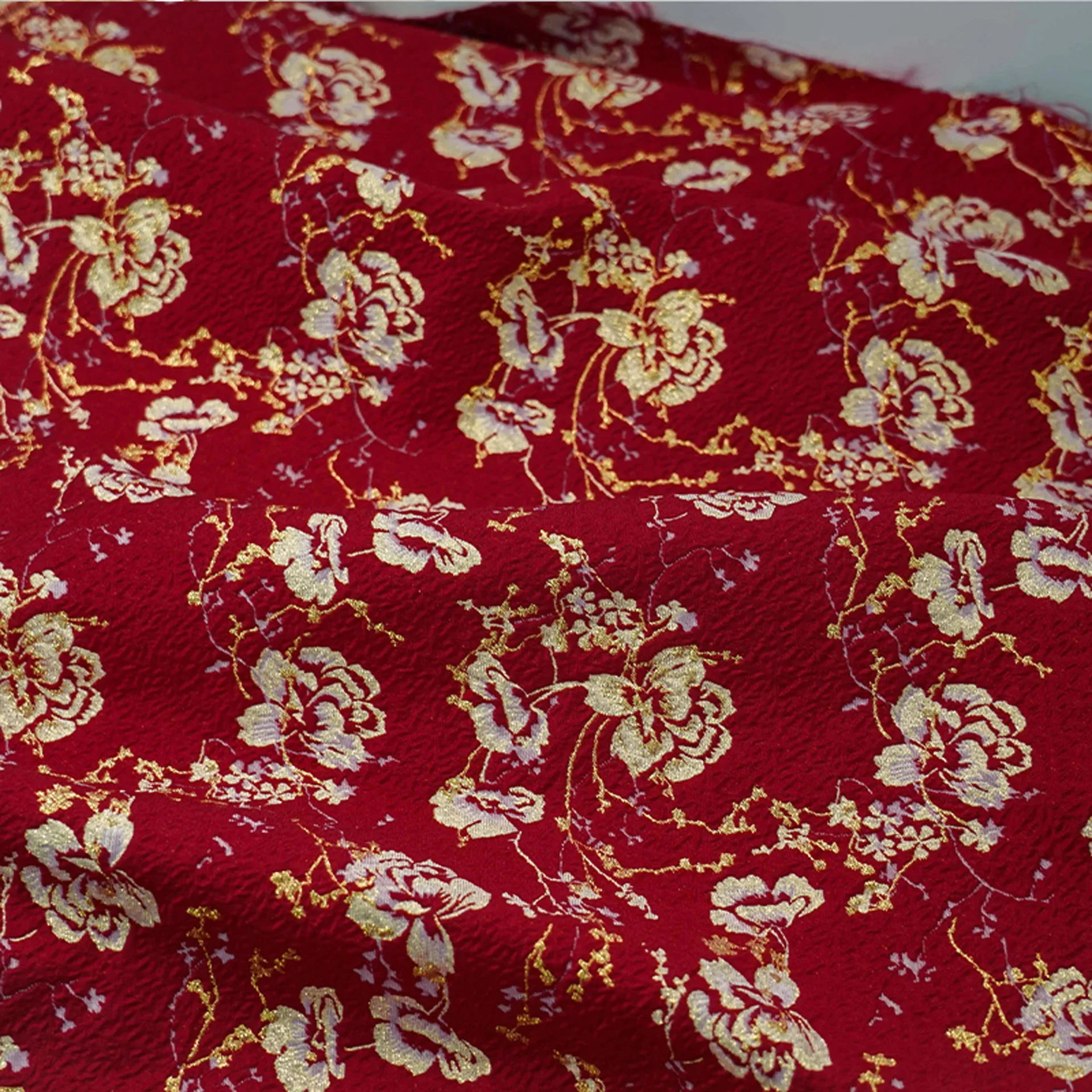 Gold Silk Flower Relief Jacquard Fabric Bright Red Dress Skirt Vest Decorative Sewing Fabric