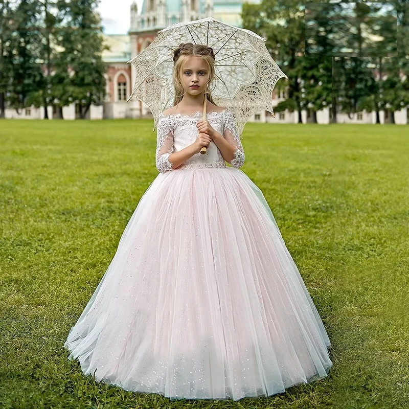 Elegant Flower Girl Dress For Wedding Off Shoulder Tulle Puffy Sequins Lace Host Piano Performance First Communion Birthday Gift