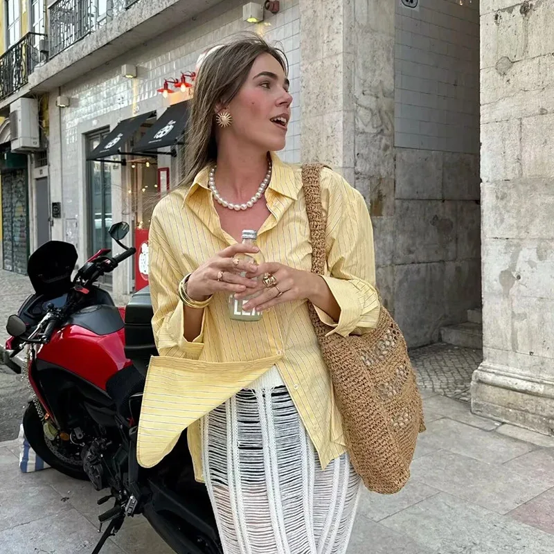 Camisas holgadas informales elegantes a rayas amarillas mantequilla para primavera y verano para mujer, camisas finas con cuello vuelto a la moda para mujer