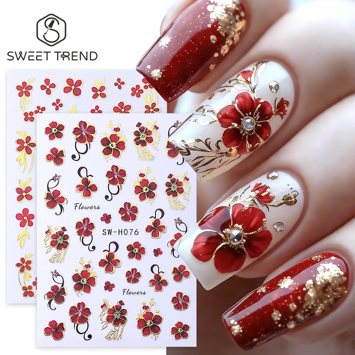 2pcs Bronzing Luxury Red Flowers Nail Stickers 3D Metallic Golden Line Vine Blooming Floral Adhesive Decals Manicure Foils Wraps