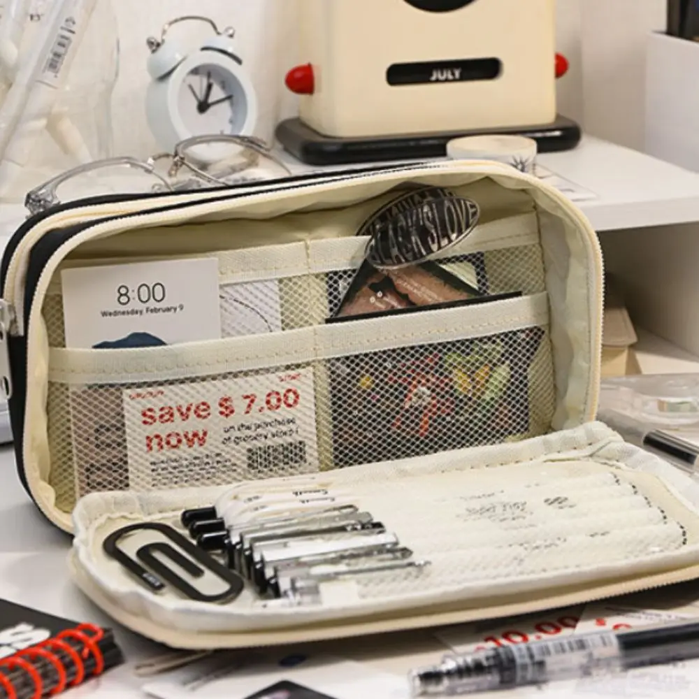 大容量半透明鉛筆ケースマットな質感フリップフロントポケット半透明ペンバッグラッキー多機能文具箱