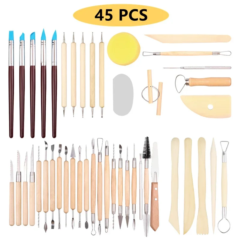 Art Ceramic Clay Tools Kits Supplies Wood Pen Soft Clay Sculpting Knife Painting Sponges Silicone Pen Craft Polymer Clay Tools