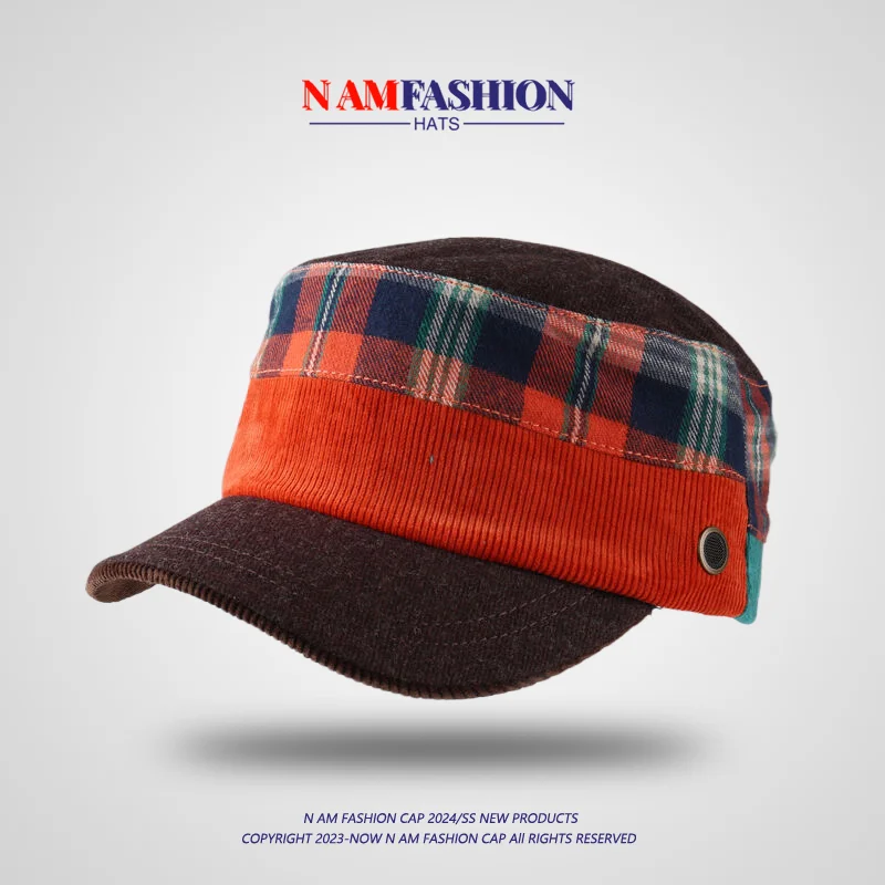 New Plaid Colorblock Flat-Top Cap Short Brim Warm Men and Women Same Style Youth Hat Korean Hat Women