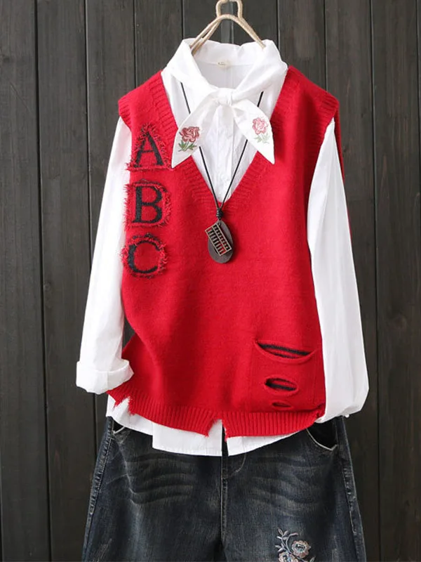 Loose Casual Knitted Vest Women Spring Autumn New Style V-Neck Letter Artistic Sleeveless Top Comfortable Breathable Jacket