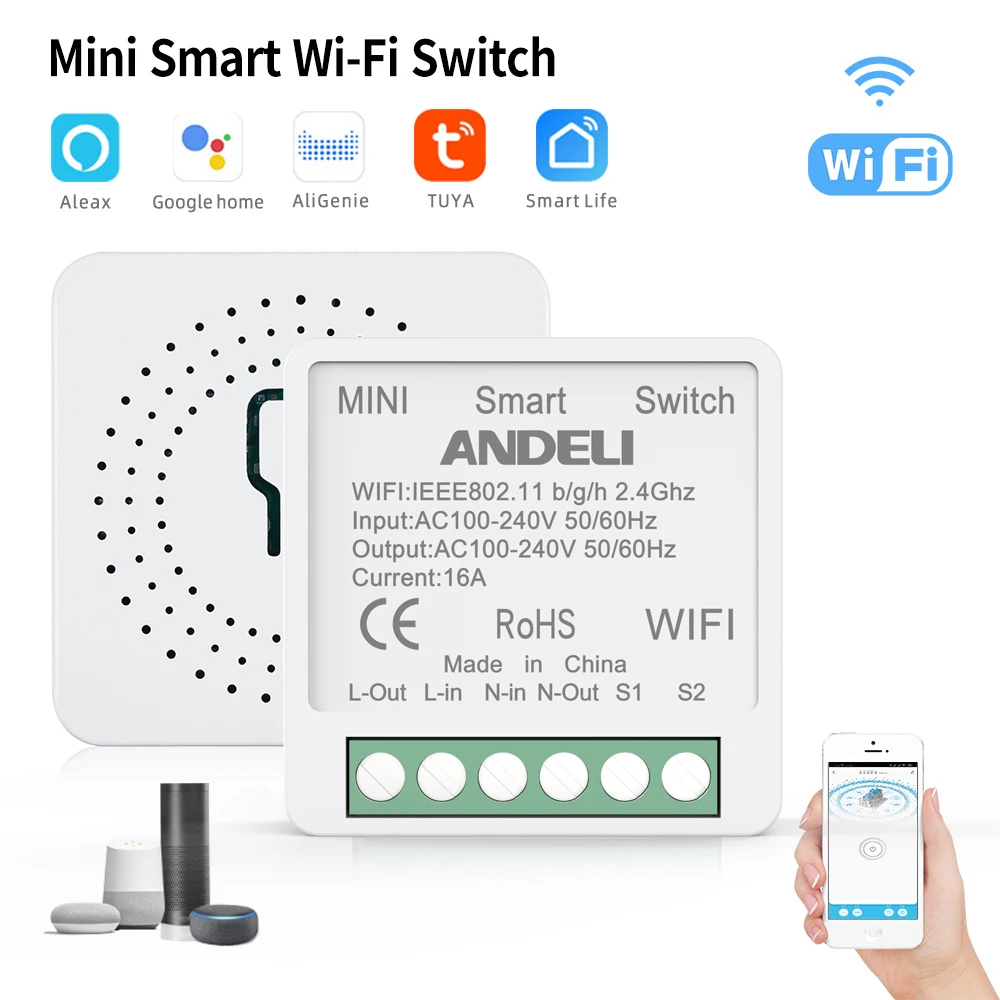 ANDELI DIY WiFi Mini Smart Light Switch 16A Two Way Control Tuya/Smartlife APP Remote Control for  Alexa Google Home Automation