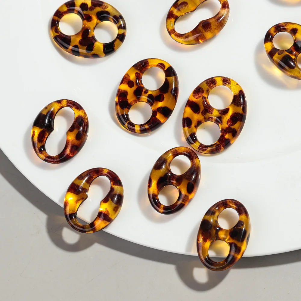 10pcs Leopard Acrylic Coffee Bean Link Rings Pig Nose Loose Beads Connector for Making Jewelry DIY Earring Necklace Accessories