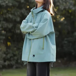 Women's Autumn Loose Windproof Hoodies High Neck Zipper Hooded Jacket Japanese Casual Waterproof Couple Outdoor Windbreaker