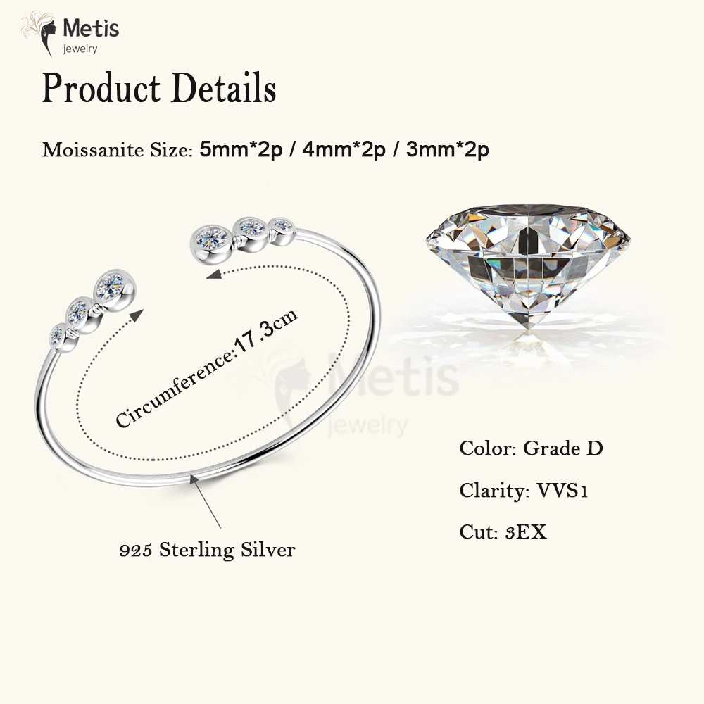Metis 5 مللي متر 0.5CT D VVS1 مويسانيتي الإسورة الكفة ريال 925 فضة سوار للنساء افتتاح اليد الأصفاد غرامة مجوهرات هدايا