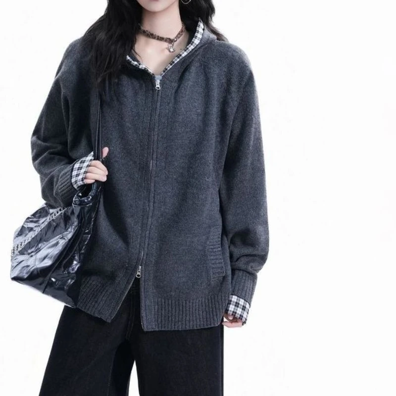 

Coat Hooded Zipper Loose Sweater New Autumn and Winter Plaid Patchwork Knitted Cardigan