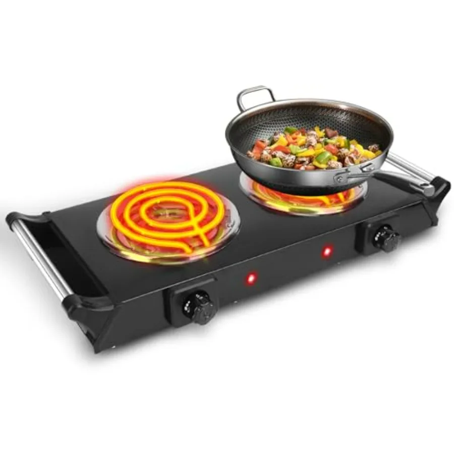 

Electric Countertop Double Burner 2000W Cooktop with Coil Hot Plate Stay Cool Handles 5 Level Temperature Control Easy to Clean