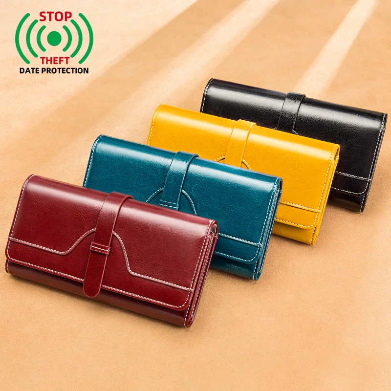 Women's Long Wallet New Fashion Retro Genuine Leather Clutch Bag Large Capacity Ins Trendy Ladies Purse Can Hold Mobile Phone