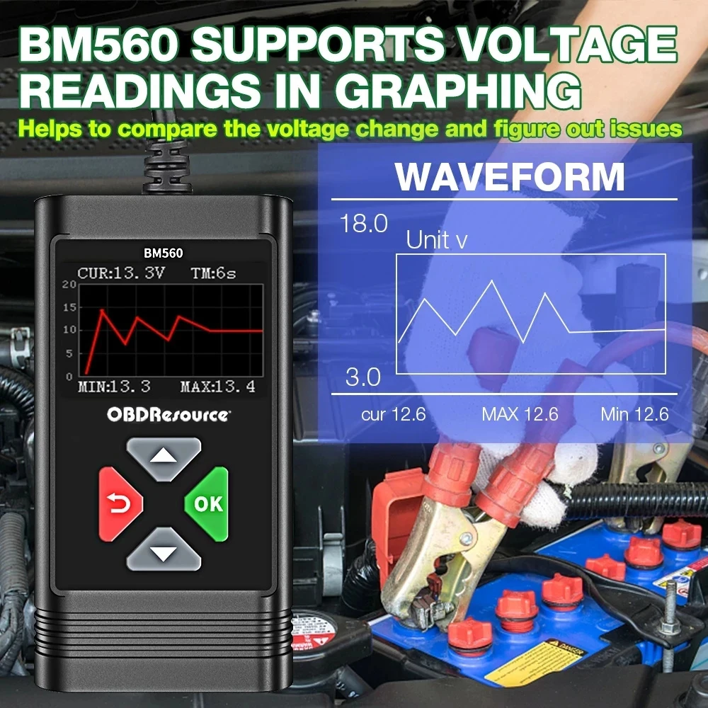 OBDSource 자동차 및 오토바이 배터리 테스터, 배터리 분석기, 충전 테스트 부하 테스트 도구, BM580, 6V, 12V, 100-2000CCA, 2AH ~ 220AH