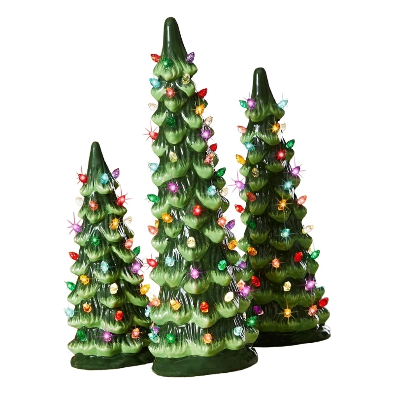 

Ceramic Christmas Trees, Pre-Lit Hand-Painted Tabletop Holiday Decoration w/Multicolor Bulbs, LED Lights – Green C7AC