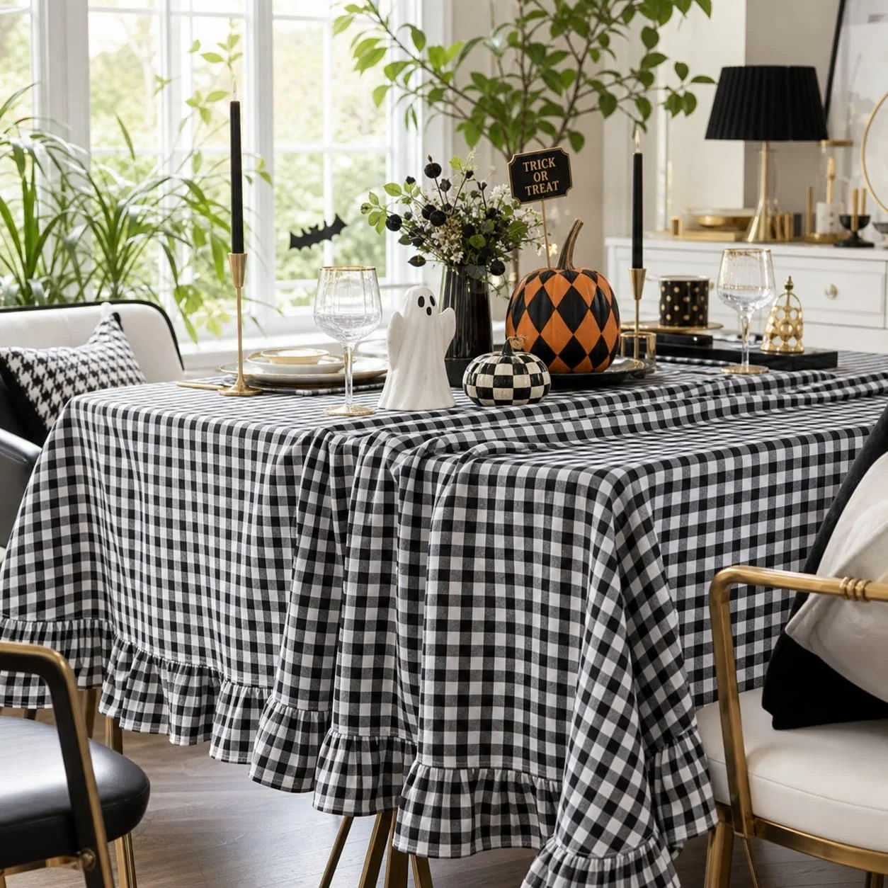 Black White Buffalo Check Ruffle Table Cloth Plaid Table Dresser Scarf Halloween Table Decor for Dining Table Console Cabinet