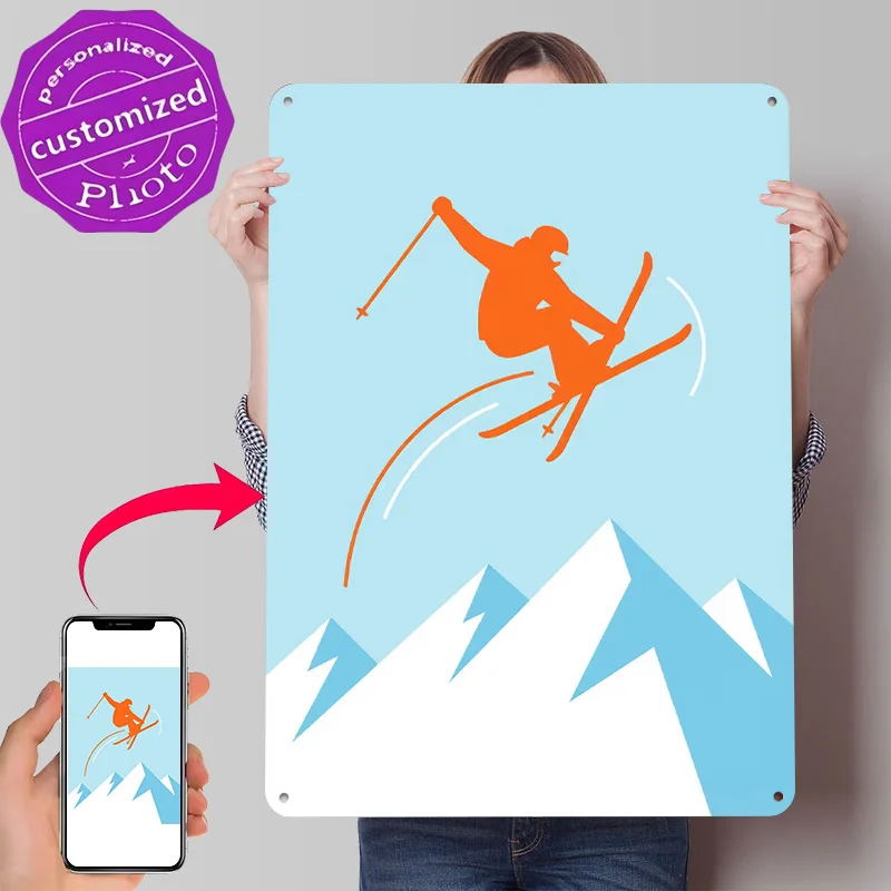 Orange Skier Silhouette Over Mountain Peaks 3D Texture Printed Poster Custom Vintage Metal Tin Plate Sign for Wall Art Wand Deko