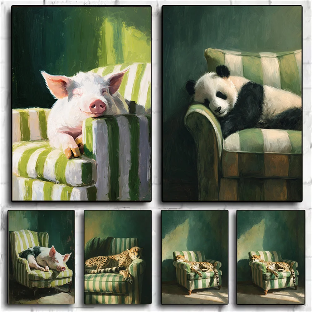 1pc frameless Canvas Painting (No frame)Cute Farm Animal Posters, Pigs Sleeping on Green Chairs, Panda Animal Pictures, Cozy and