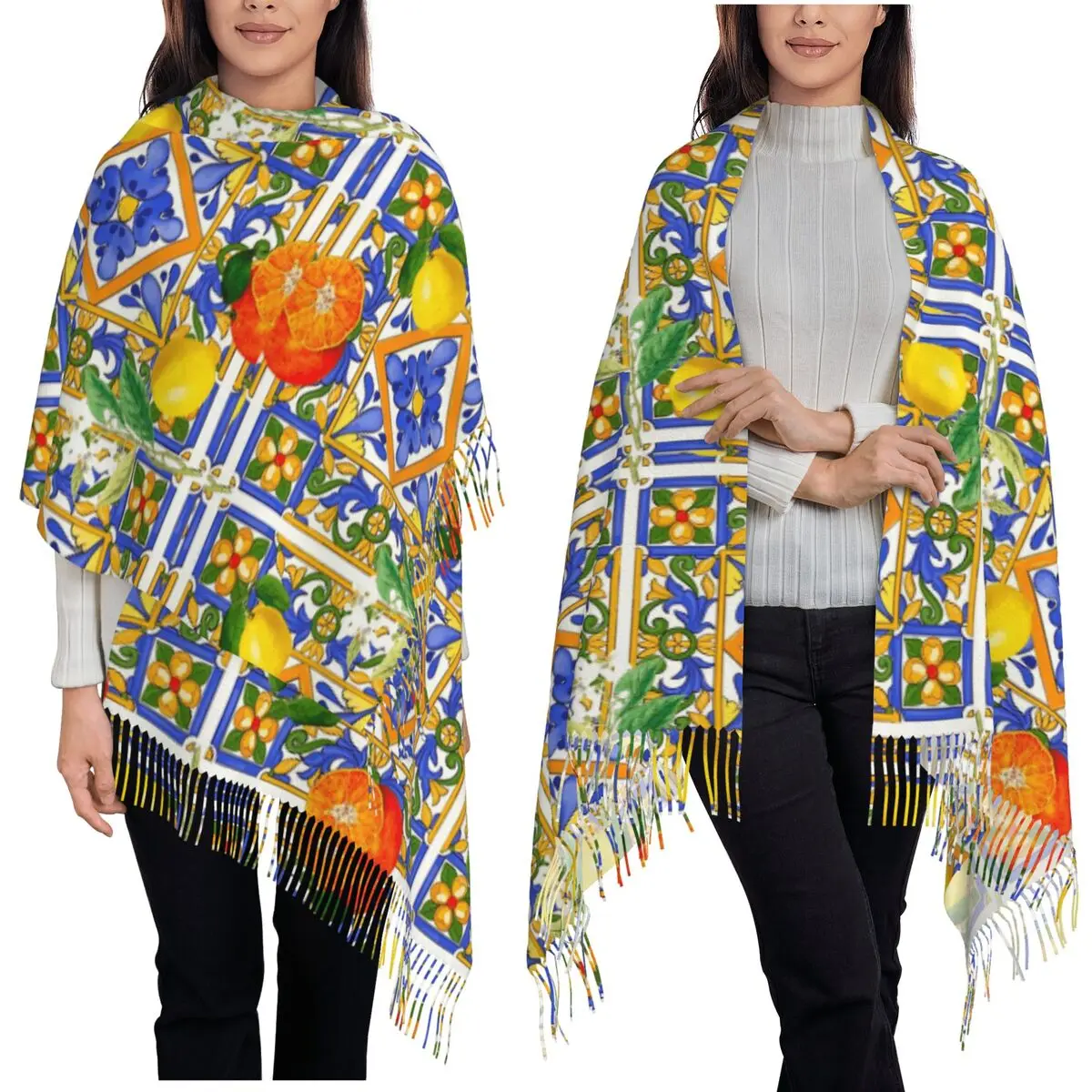 

Модный средиземноморский лимон на синей керамической плитке, летний шарф с фруктами цитрусовых, шарфы с кисточками, шали и накидки, большая шаль