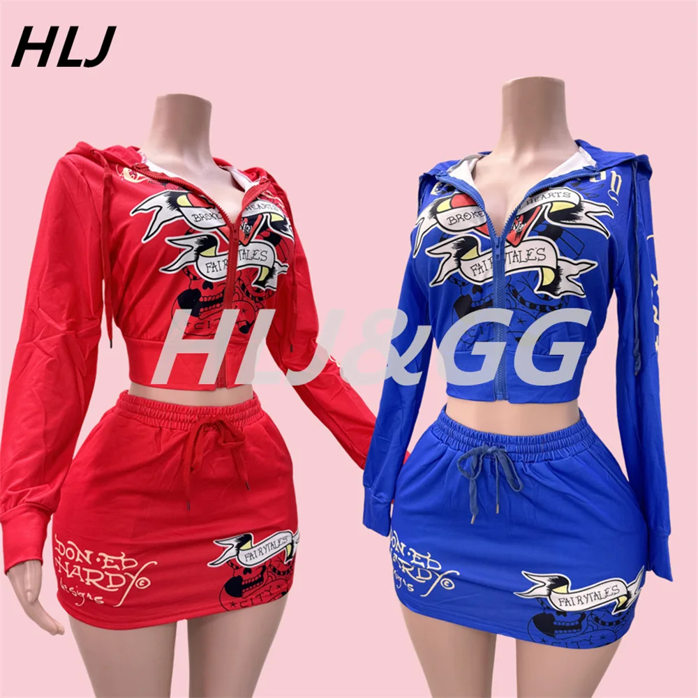 HLJ rok Mini motif pola mode merah, set dua potong pakaian wanita, atasan Crop lengan panjang bertudung ritsleting + rok serut