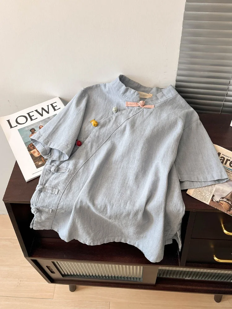 

Retro Cotton Linen irt Women's Summer New Chinese Sle Zen Tea Clothing Stand Collar ort Sve Linen Top Button Detail