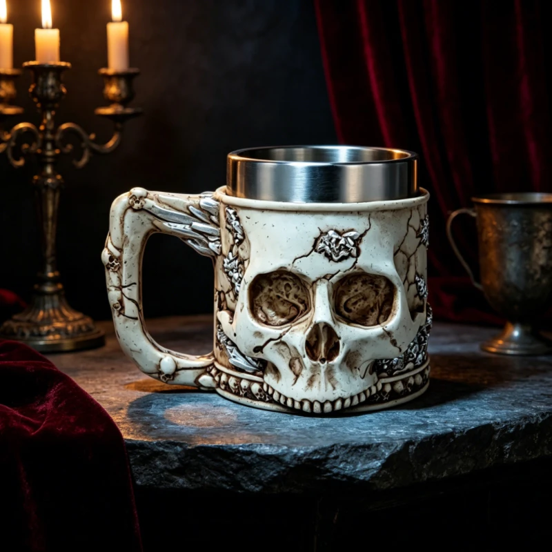Horror 3D Skull Embossed Cup Resin Outer Stainless Steel Inner Tank Gothic Bar Pub Drink Mug Whiskey Beer Cocktail Cup Halloween