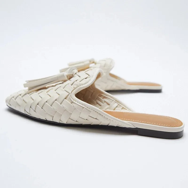 Summer 2023 Tassel Fringe Casual Flats Weave Slippers Mules Slides Hollow Out Bohemia Shoes Outdoor Women Woven  Flip Flops