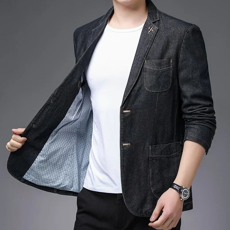 2023 Spring Autumn New Men\'s High-quality Brand Business Casual Suit Jacket Men Fashion Slim Fit 2 Button Blue Denim Blazer Male