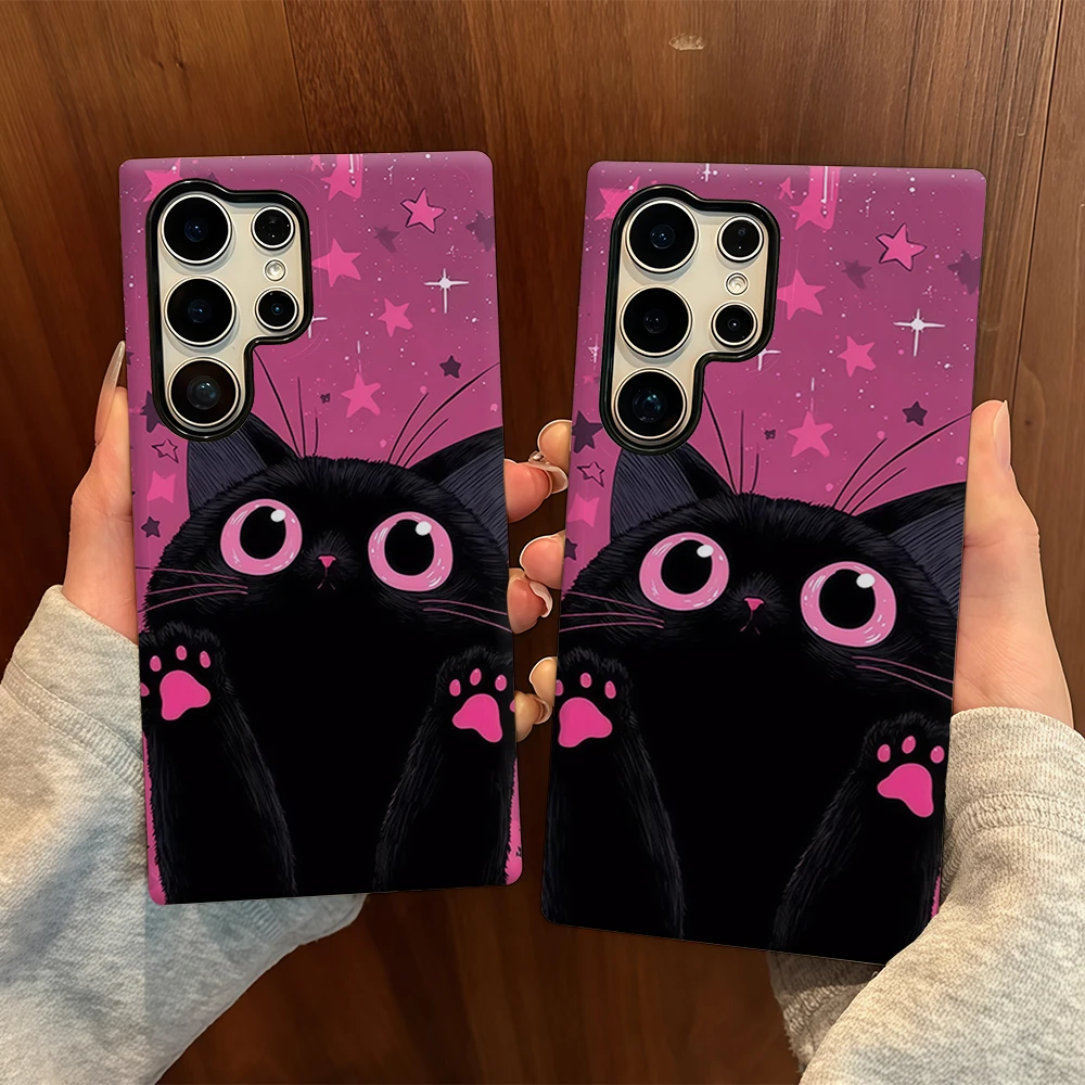 Black Cat Pink Eyes Stars Comes Lens Film Case For Samsung Galaxy S26 S25 FE S24 S23 S22 S21 S20 Ultra Plus S20 FE PC Cover