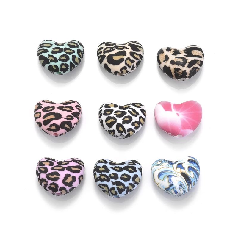 10Pcs Mini Heart Shape Silicone Teething Beads Leopard Print Teether Loose Bead DIY Jewelry Making Baby Pacifier Chain Accessory