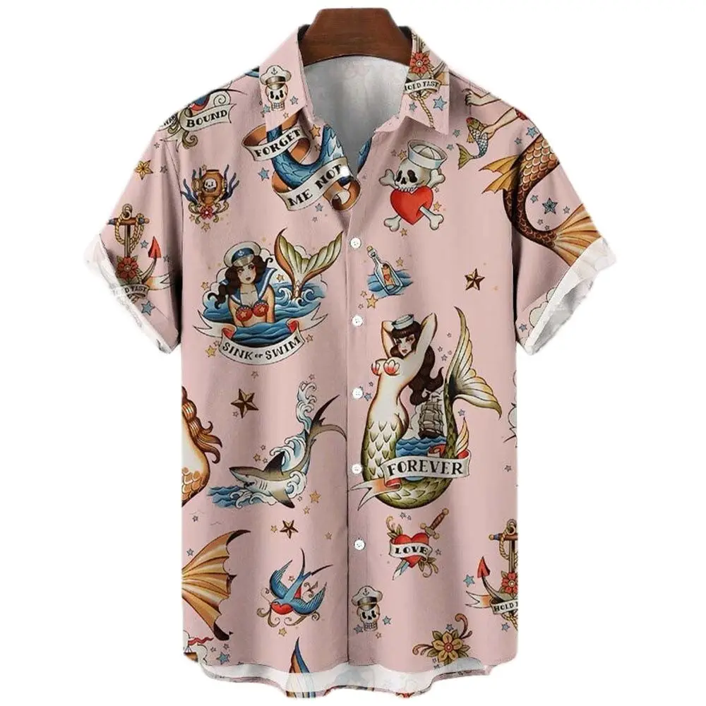 2022 Summer Retro Fashion Mermaid Shirt 3D Hawaiian Shirts Men's Shirt Casual Short Sleeve Loose Breathable Shirts Top