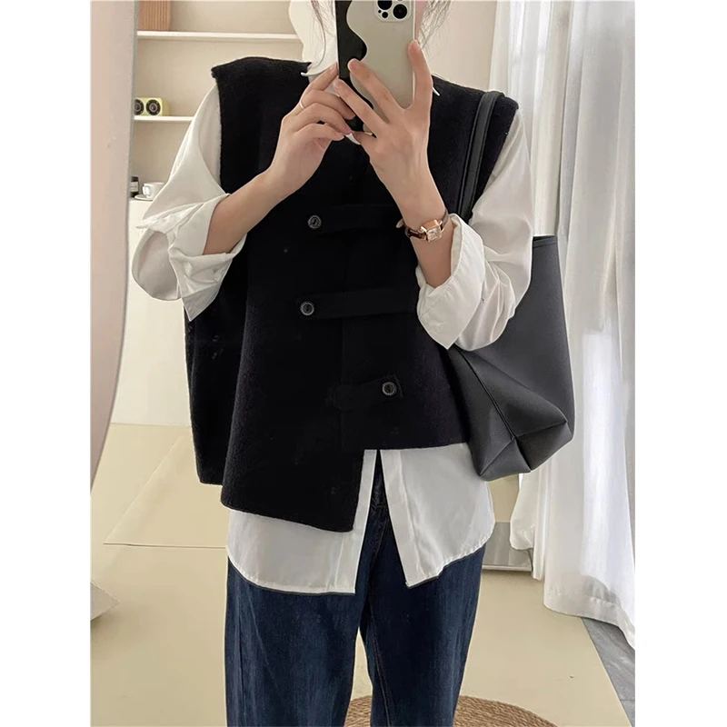 MEXZT Irregular Sweater Vest Women Preppy Solid Chic Button Knit Waistcoat Korean Office Lady Elegant Knitwear Casual Top New