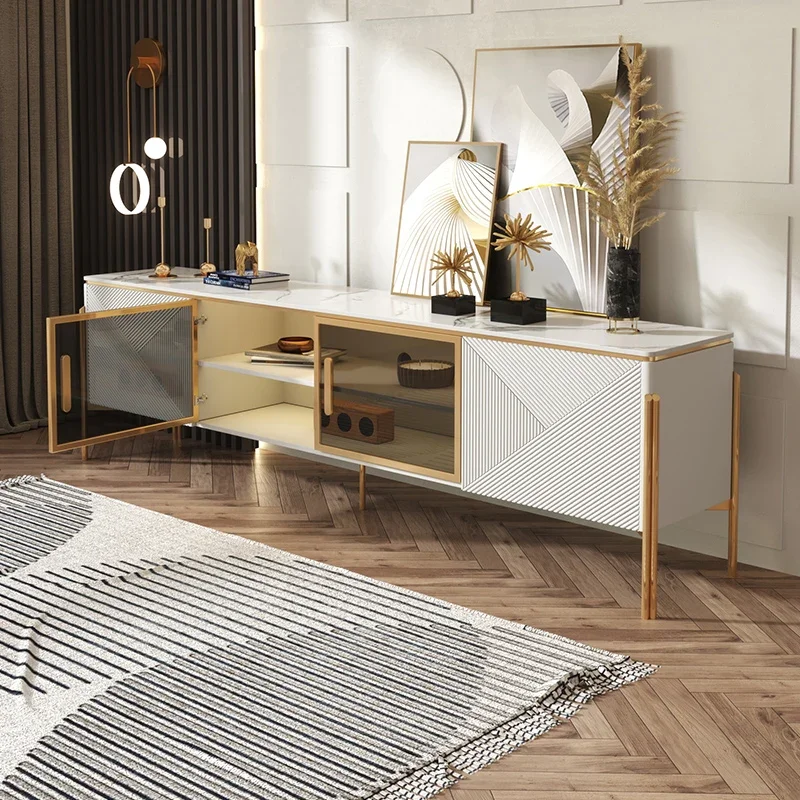 

-Living Room TV Marble Table Cabinet Stand TV Stands Cabinet Console Metal Frame and Glass Door TV Stand