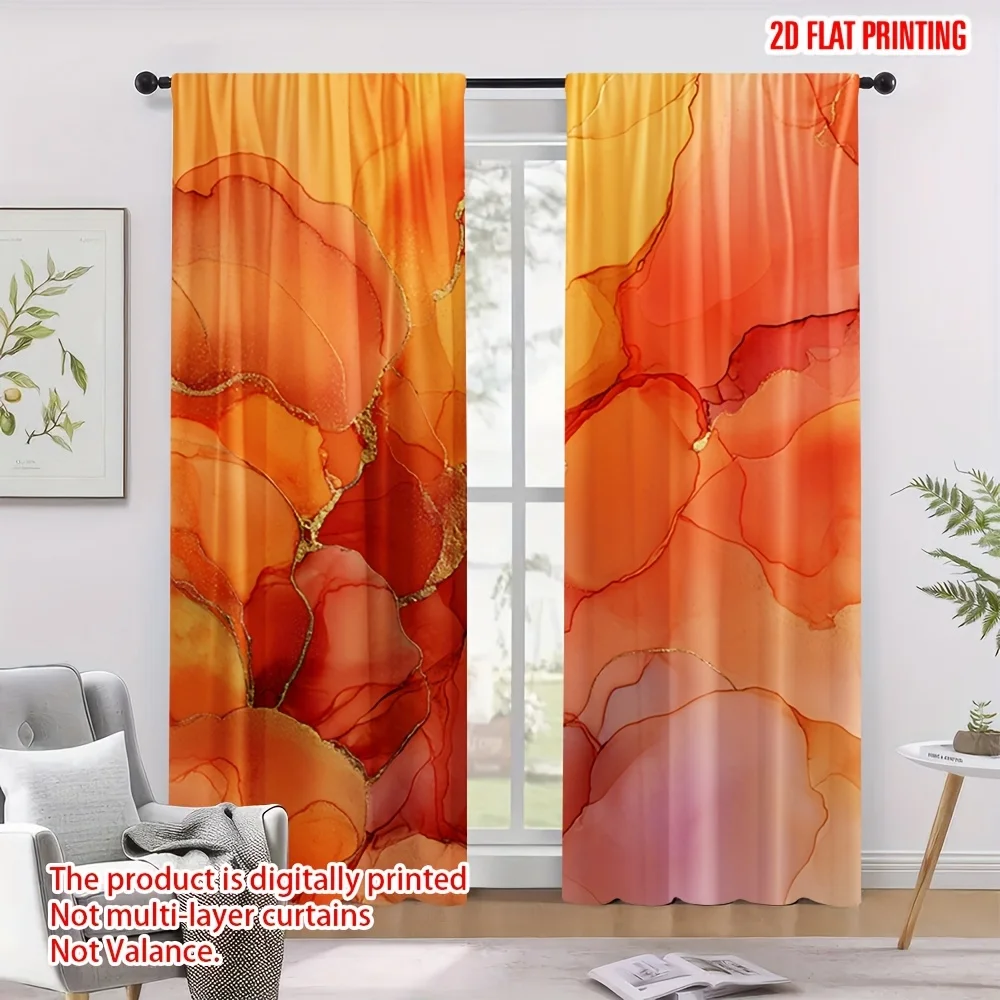 Abstract orange-gold fluid art curtains, pole-mounted installation. Suitable for living rooms, bedrooms, dining rooms and hotels