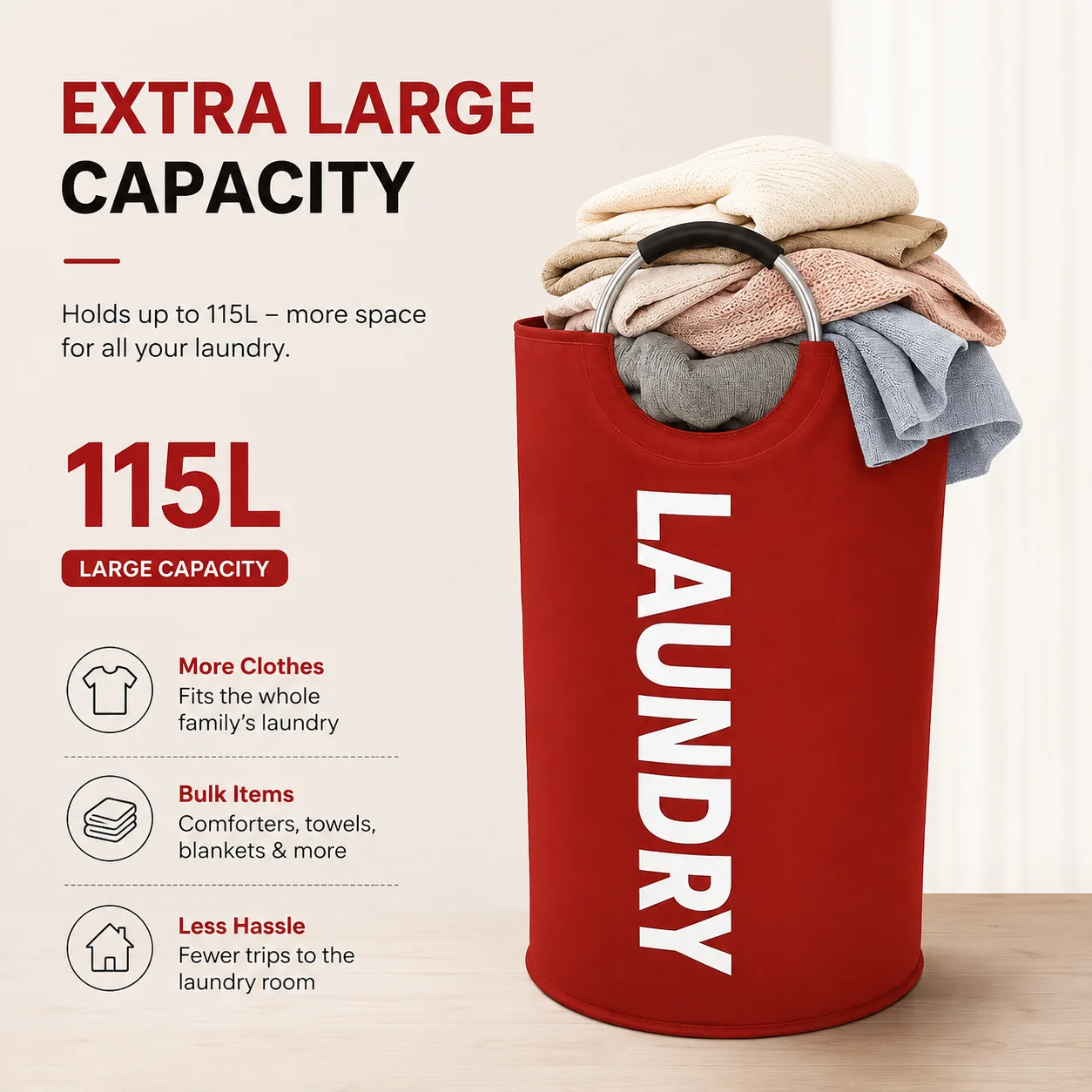 2 Pack 115L Extra Large Laundry Hamper, Foldable Laundry Basket with Soft Padded Handles, Freestanding Collapsible Laundry Bag for Clothes Storage, Bedroom, Bathroom, Dorm & Laundry Room view 6