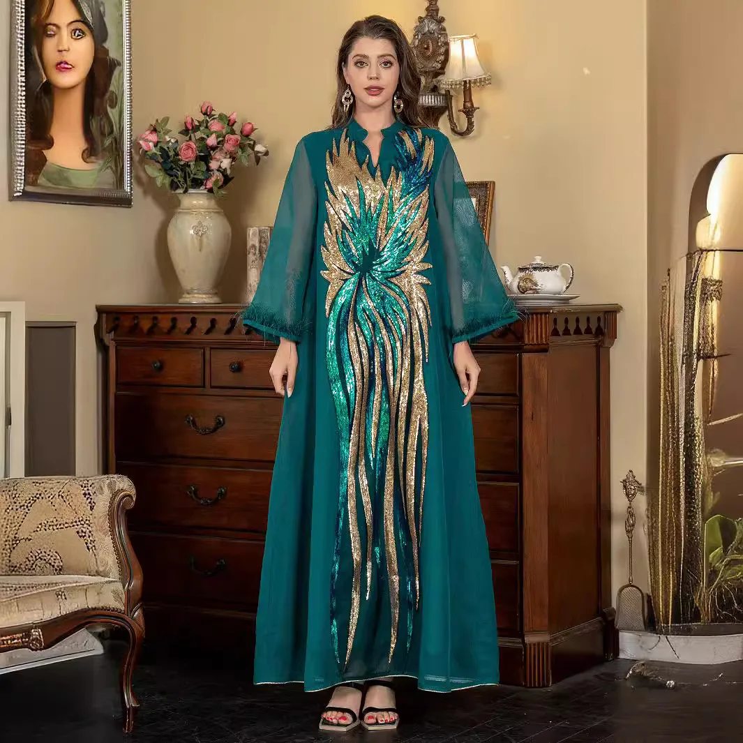 

Sw008 Dress V-neck Long-sleeve Women's Robe With Bird Feather Sequin Embroidery Dress Abaya Ramadan Dubai Luxury Islam Elegant
