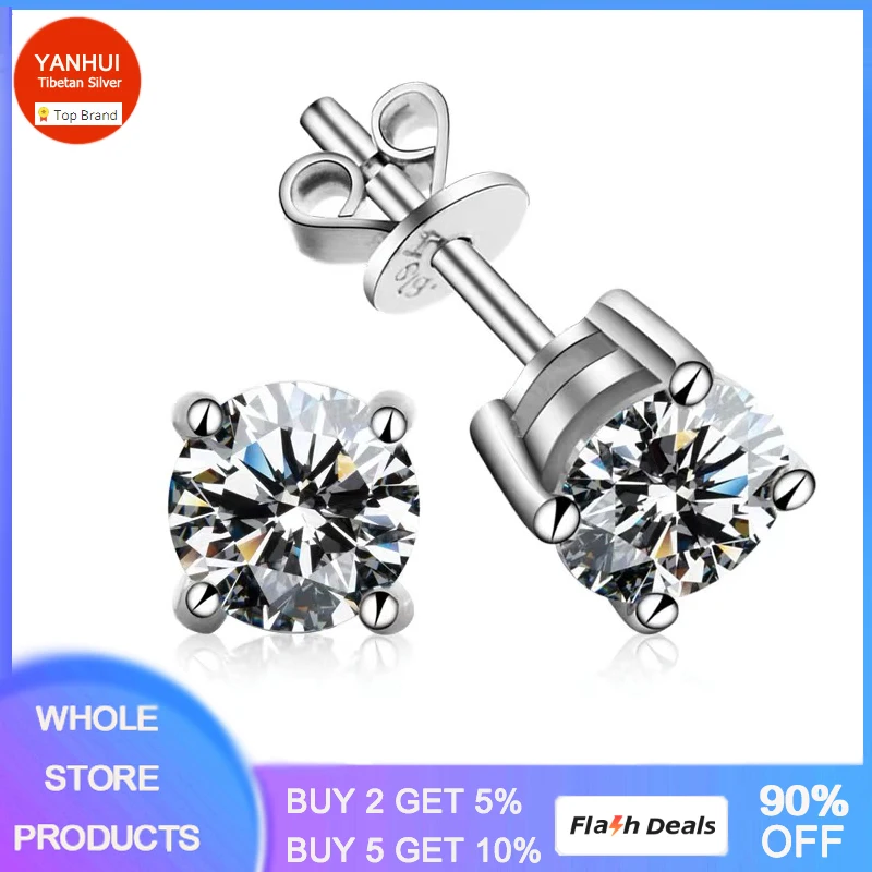 YANHUI Solitaire 2.0ct Cubic Zircon Stud Earring Allergy Free Tibetan Silver Jewelry Anniversary Wedding Earrings for Women Men