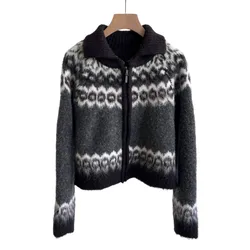 82% Wool coat Vintage Jacquard Knitted Cardigan Sweater  Knitted Jackets Sweater Blue Pink Brown Dark Gray  luxury clothes women