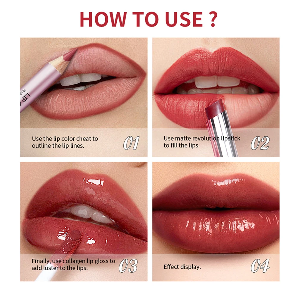 3pcs Lip Makeup Set Lip Liner Lip Gloss Lipstick Mirror Effect Beep Lips High Color Long-Lasting Hydrates Travel Mini Set