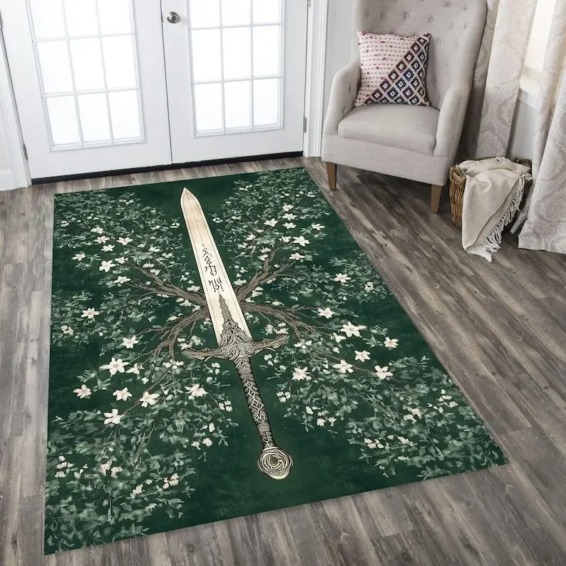 HD-Fantasy Sword Tree Rune Magic Rug Gothic Medieval Style Green Elven Carpet for Bedroom Game Room Decorative Floor Mat