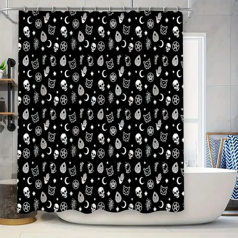 

Witchy Halloween Shower Curtain Gothic Spooky Decor Black Cat Crescent Moon Ouija Horror Bathroom Set Vintage Mystical Room Divi