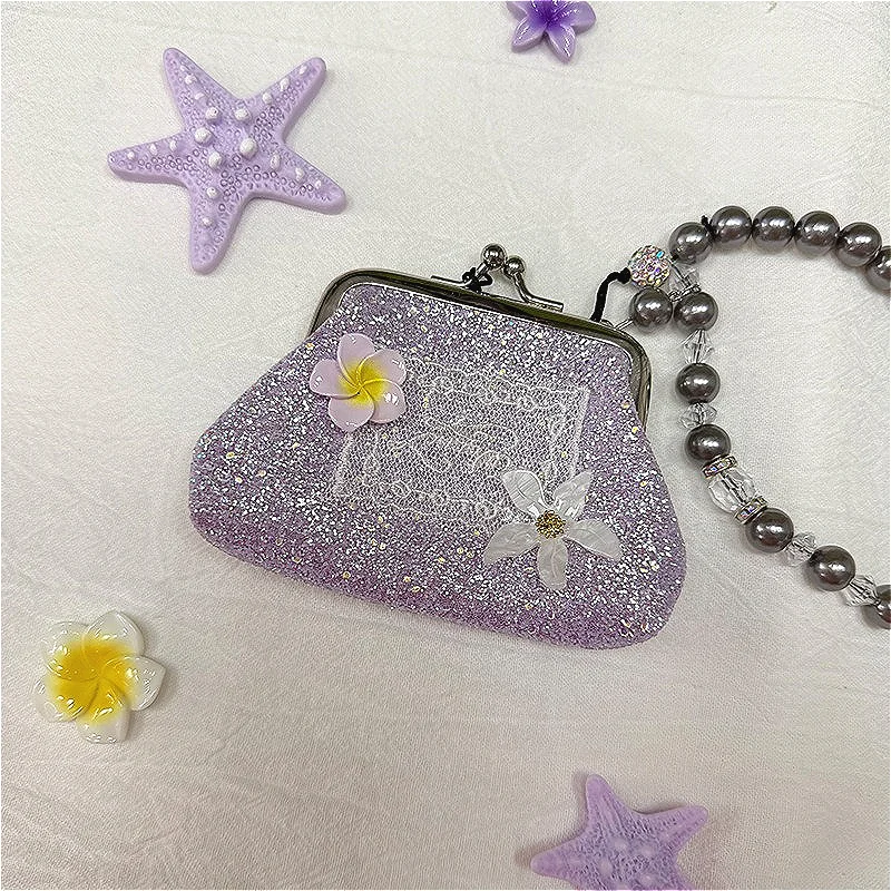 Kawaii Sparkly Kiss Clasp Pouch Beaded Floral Ornament Small Storage Bags Detachable Bead Chain Girls Key Bag Accessories Gift