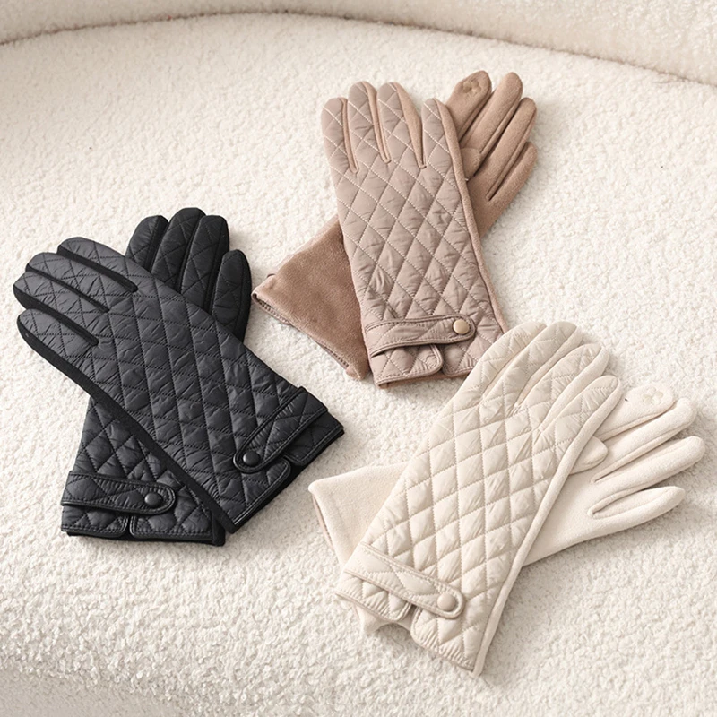 Women Winter Quilted Rhombus Pattern Gloves Elegant Touch Screen Warm Lined Button Cuff Windproof Driving Cycling Outdoor
