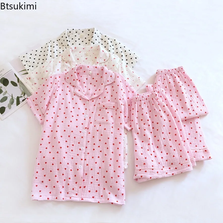 新しい春と夏の女性のパジャマ 3 点セット半袖 + ショートパンツ + ズボン綿 100% ガーゼラブプリントホームウェアセット