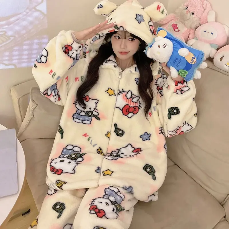 Sanrio HelloKitty ผ้าฝ้ายเสื้อ Kuromi ชุดนอน Cinnamoroll สาวฤดูใบไม้ร่วงและฤดูหนาวหนา Plus กํามะหยี่น่ารัก Ins เสื้อผ้าชุด